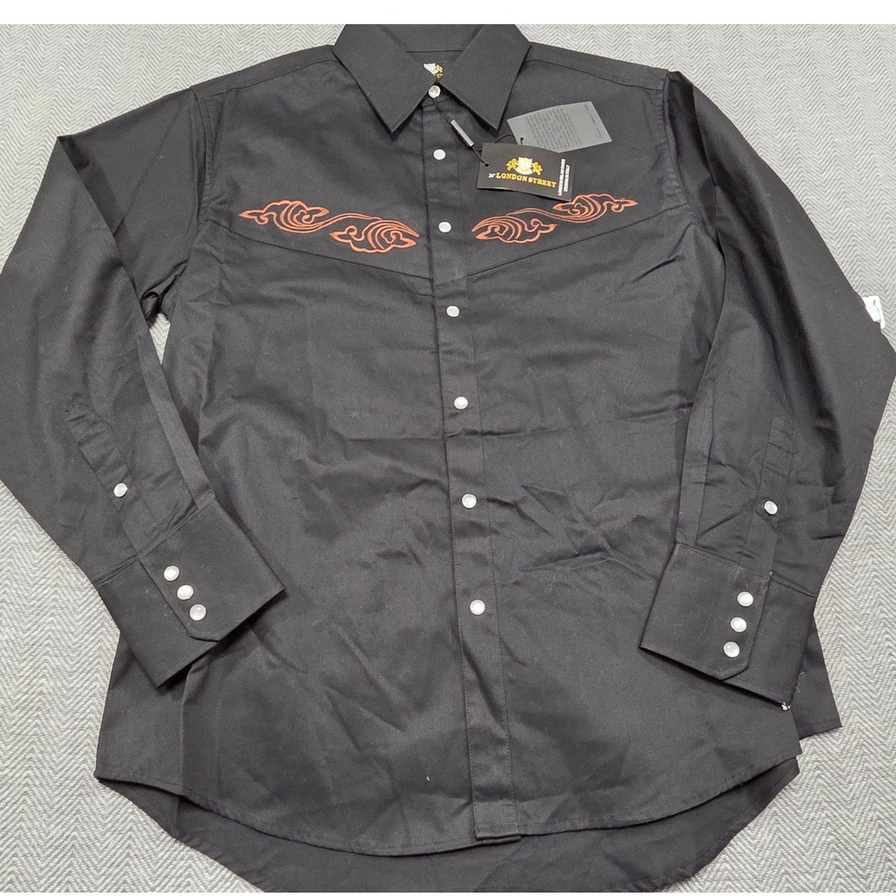 34th London Street Mens Western Snap Shirt Black Embroidered Cowboy Size M